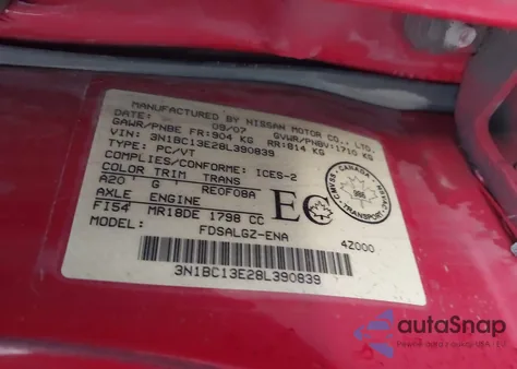 2008 Nissan Versa 1.8Sl z USA, uszkodzony, nr VIN 3N1BC13E28L390839